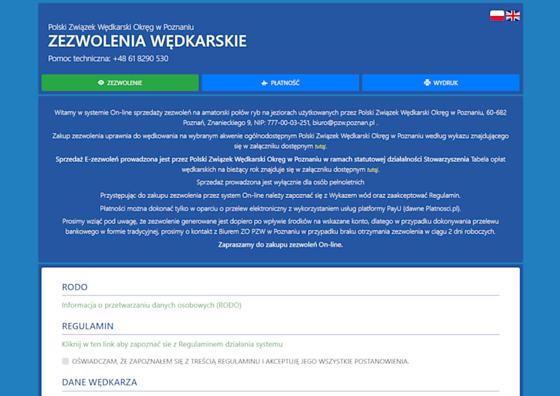 System Zezwolenia Wędkarskie – zrzut ekranu